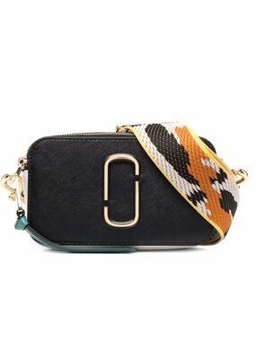 Marc Jacobs Black Leather Crossbody with Patterned Orange and White Strap